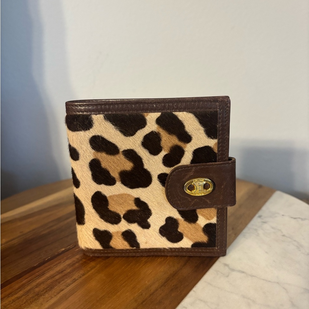 Celine Rare Vintage Calf Hair Leopard Print bi fold Wallet with Brown Trim